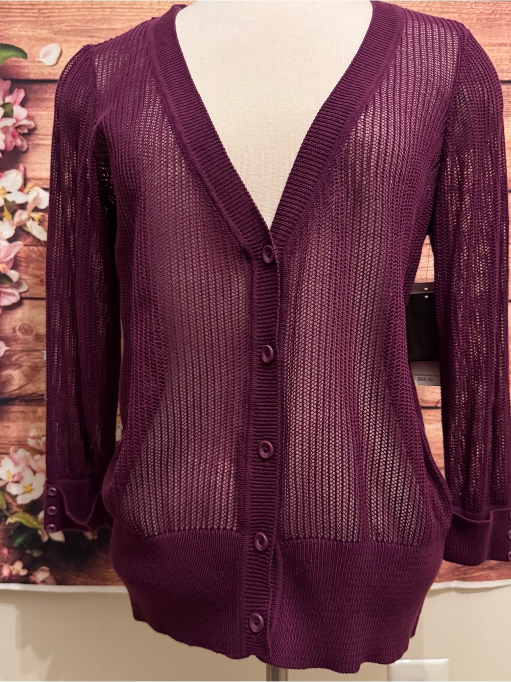 Fever Plum Sheer Knit Cardigan Button Front Lightweight Layer Va Va Violet Sz M